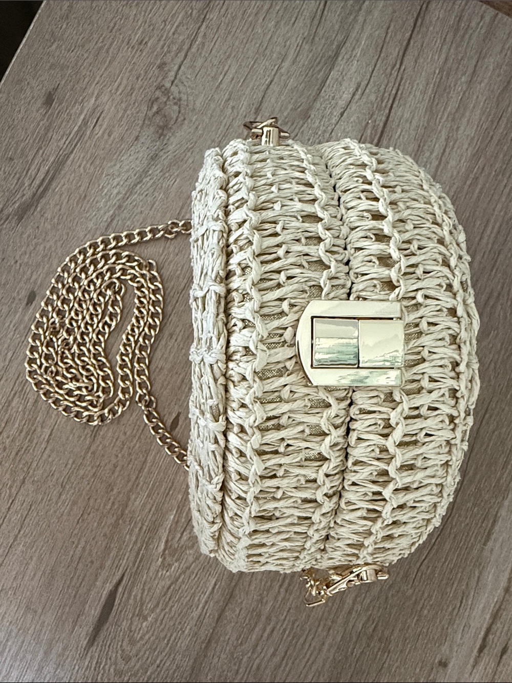HAUTE HIPPIE Woven Round Crossbody Bag in Natural with Gold Chain & Gold Shimmer - Picture 14 of 14